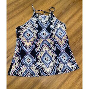 Raisins Tankini Ribbed Knit High Neck Strappy Back Pullover Blue Geometric Large